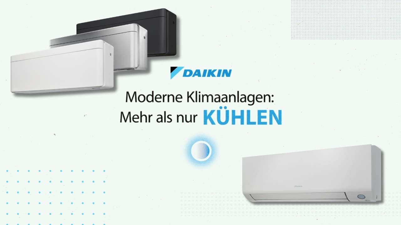 Vorschaubild des Videos: drei Wandgeräte und der Schriftzug „Moderne Klimaanlagen: Mehr als nur Kühlen“.